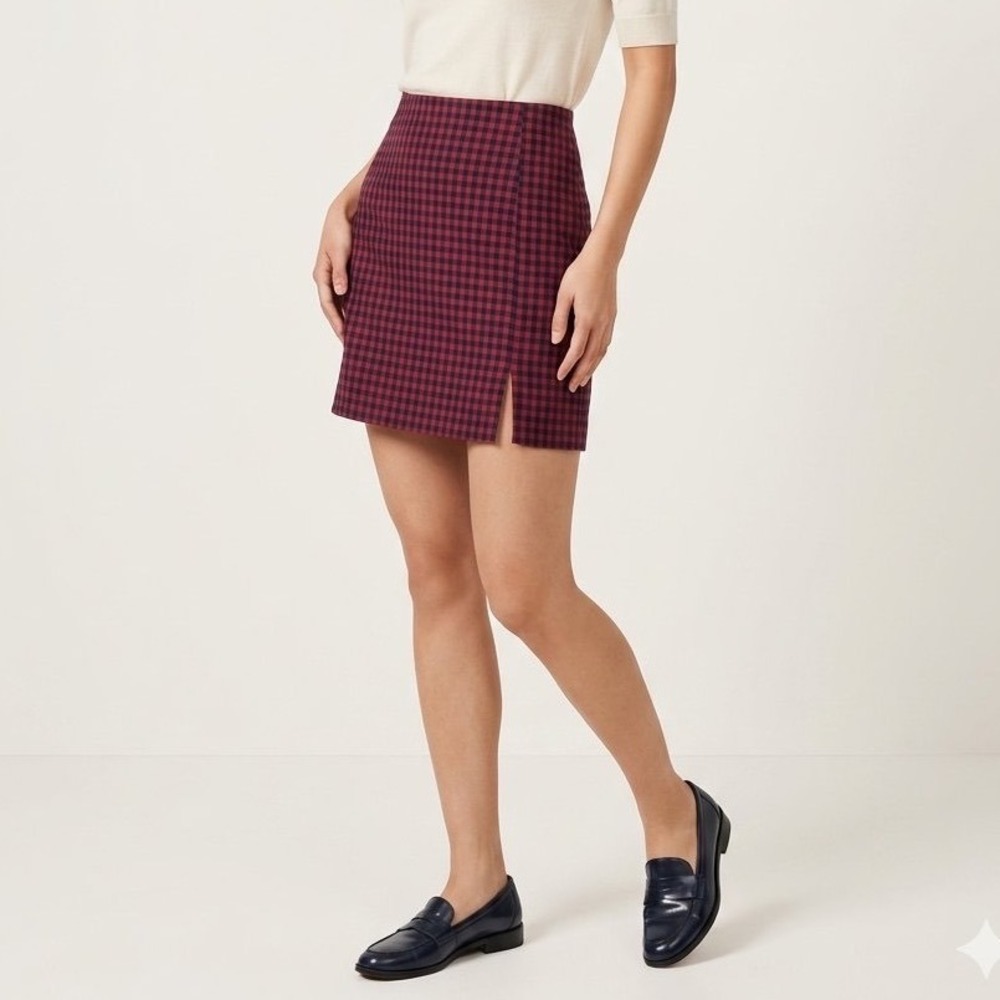 Altar'd State Red Black Gingham Plaid Mini Skirt Side Slit Academia Preppy USA M